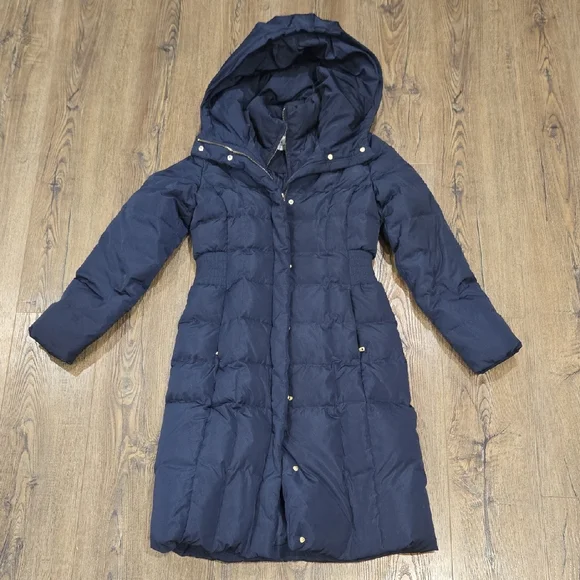 Cole Haan | Long Navy Hooded Puffer Coat Size Small - Picture 3 of 12
